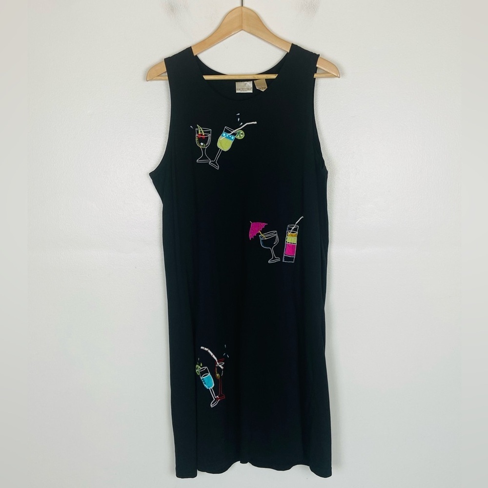 Kim Rogers Artsy Embroidered Mini Dress L Black Beach Vacation Cruise Minimalist